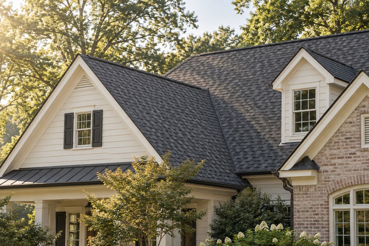 Illustrative home with a shingle roof and landscaped front yard